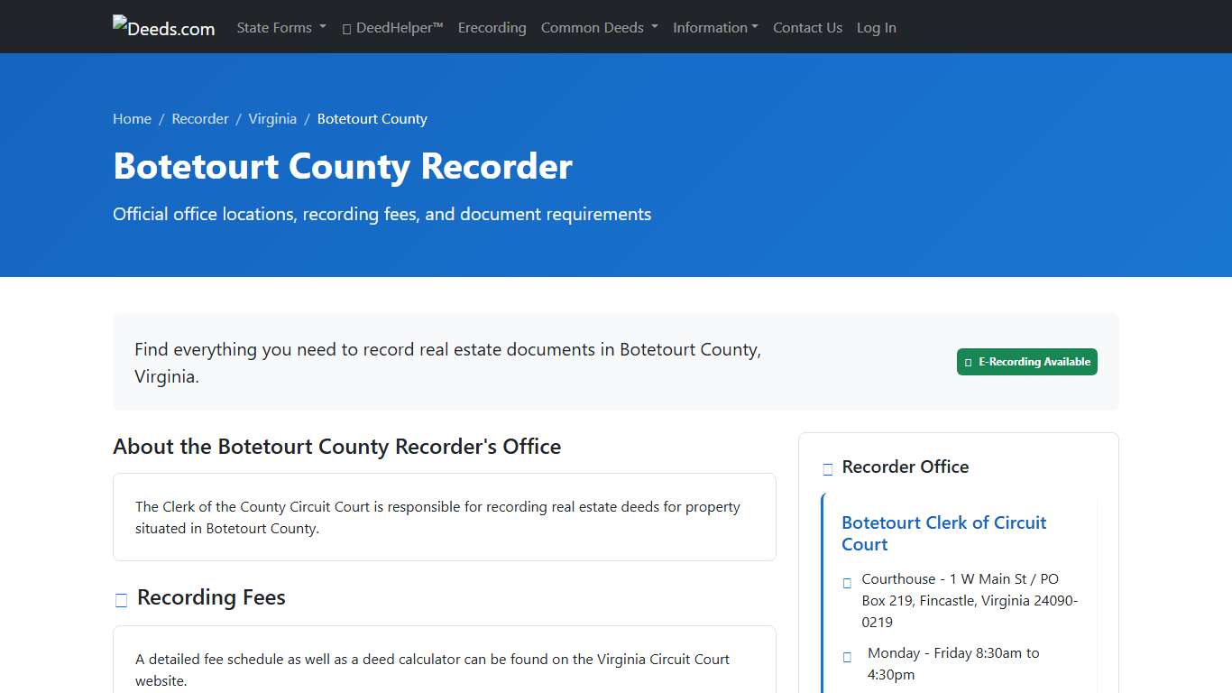 Botetourt County Recorder Information, Virginia - Deeds.com